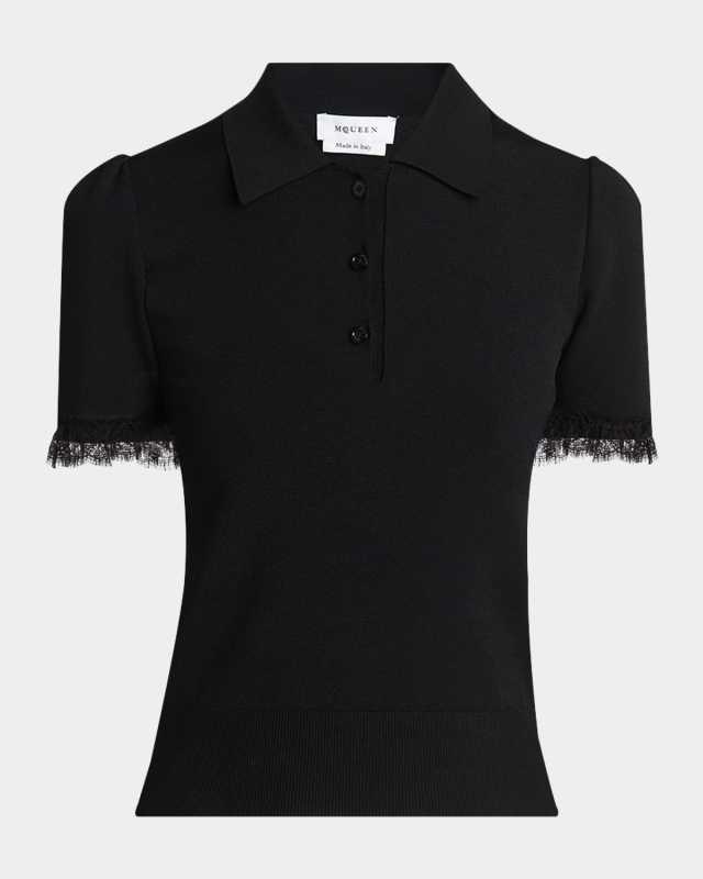 Lace Ruffle Short-Sleeve Polo Shirt